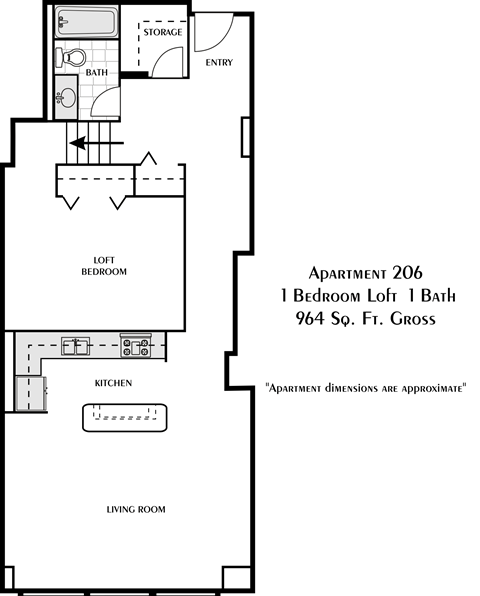 Floor plan for 1 bed, 1 bath, 964 sqft